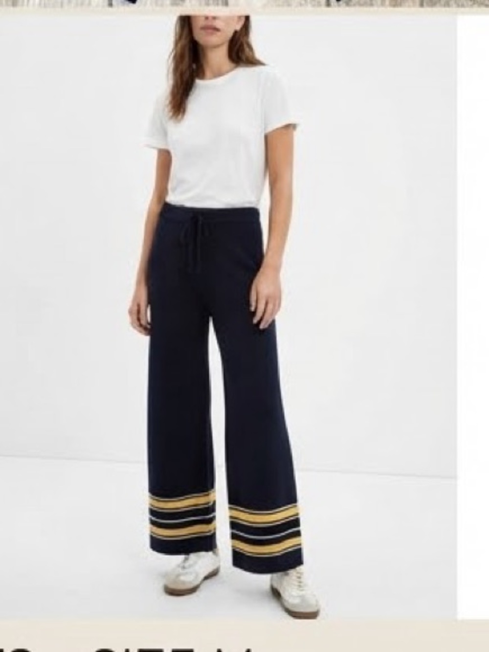 Wide Leg Navy Knit Pants with Gold Stripe Hem-Bome